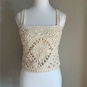 Chelsea & Violet Macrame Floral Cropped Tank - Boho Smocked Top - Sz M